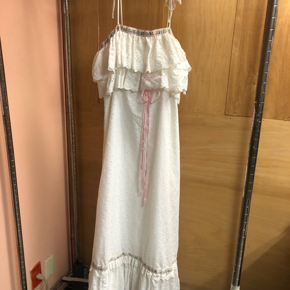 Vintage White Maxi ruffle dress with Floral trim